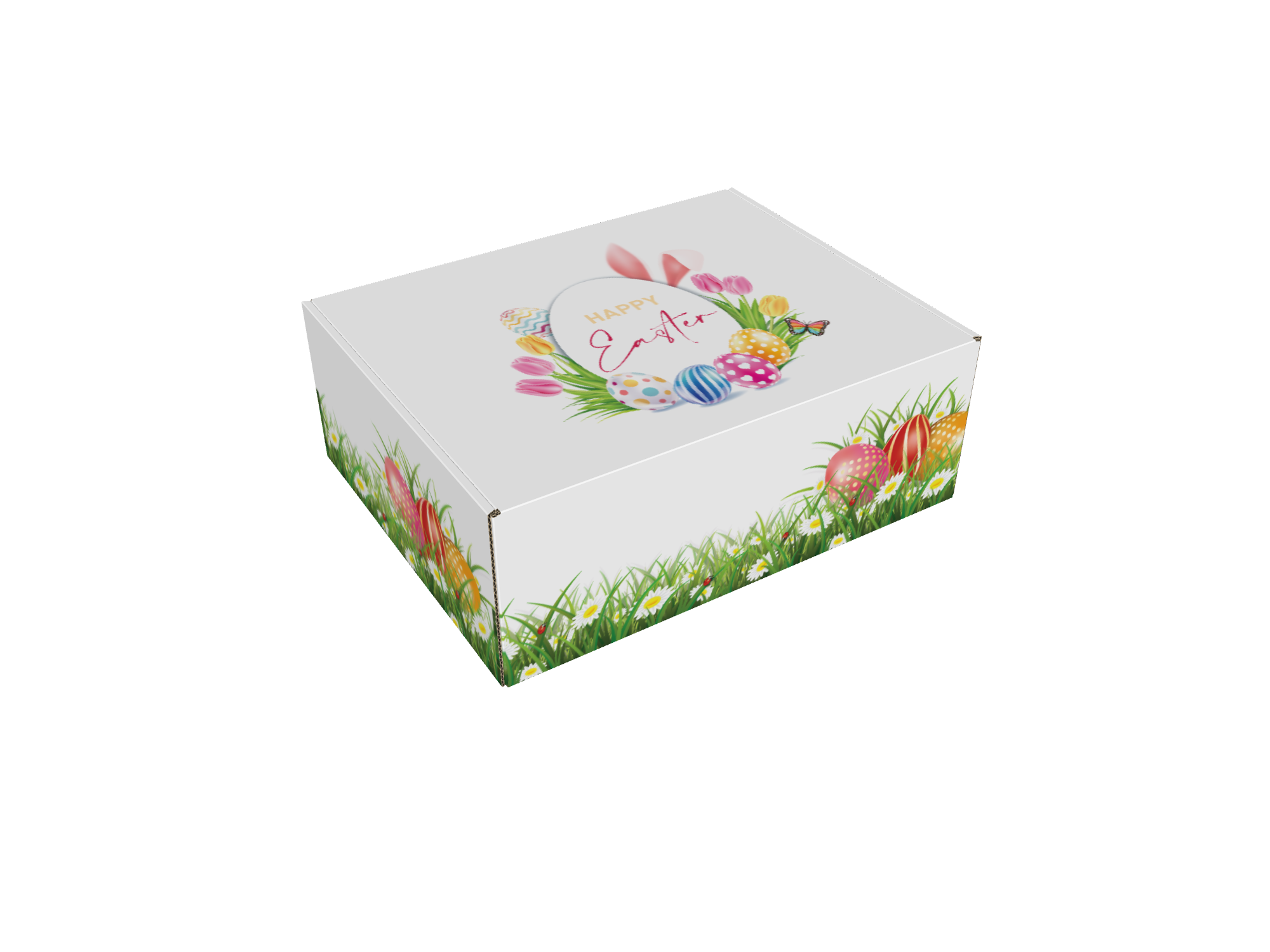 Box Design 25 Easter Περιγραφή: Ένα λευκό κουτί με εκτύπωση Easter Employee Box λουλουδ
