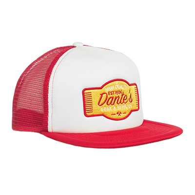 MH2204_A Κόκκινο και λευκό πολυεστερικό μπροστινό στάνταρ χρώμα μόνο σε λευκό Προσαρμόστε το καπέλο φορτηγού με τη λέξη dave's επάνω, ιδανικό για διαφημιστικές εκδηλώσεις ως εταιρικό δώρο.