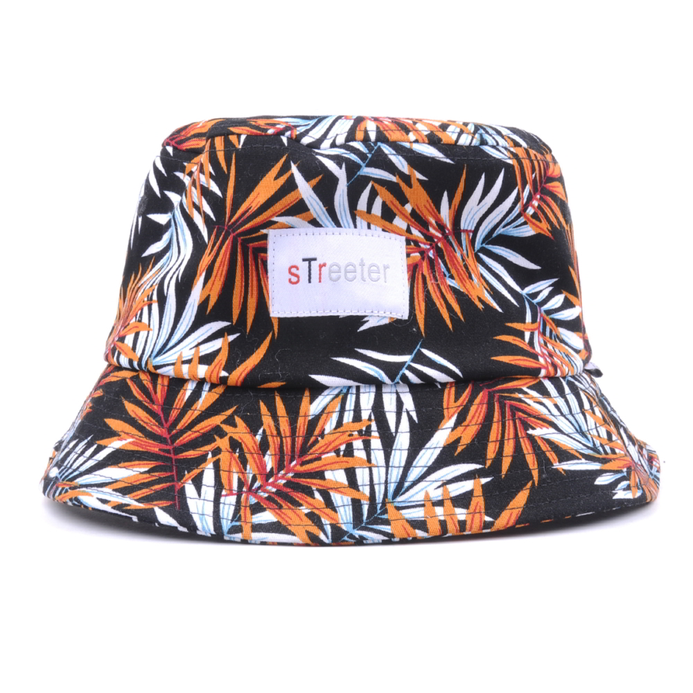 custom-printed-bucket-hats-BH000038-2 Ένα μαύρο και πορτοκαλί καπέλο με φύλλα φοίνι - Ένα polyester bucket hat Customize it με φύλλα φοίνι.