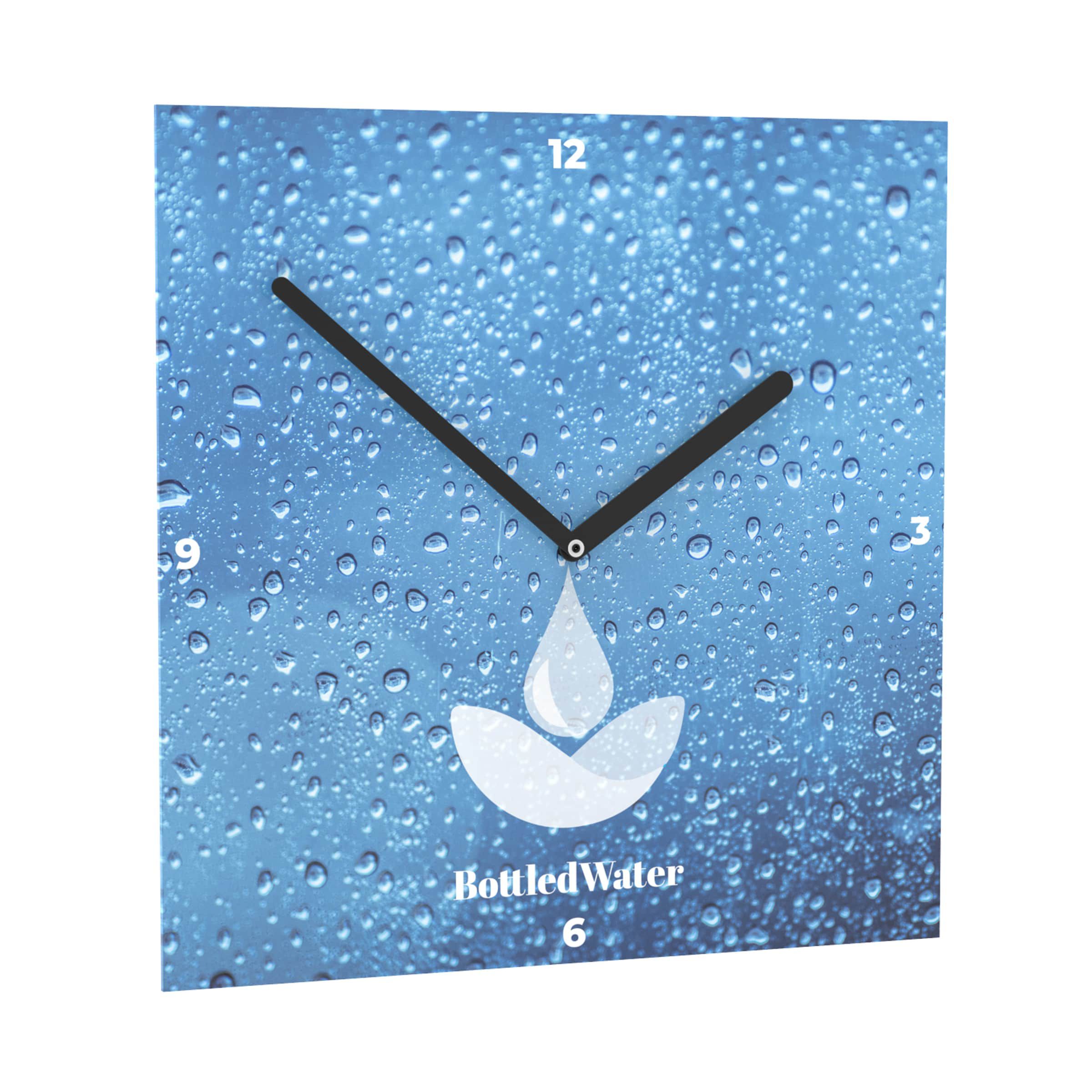 Ένα Horae Ρολόι Τοίχου Τετράγωνο 250 x 250 mm, Black Clock Hands με λογότυπο και σταγόνες νερού.