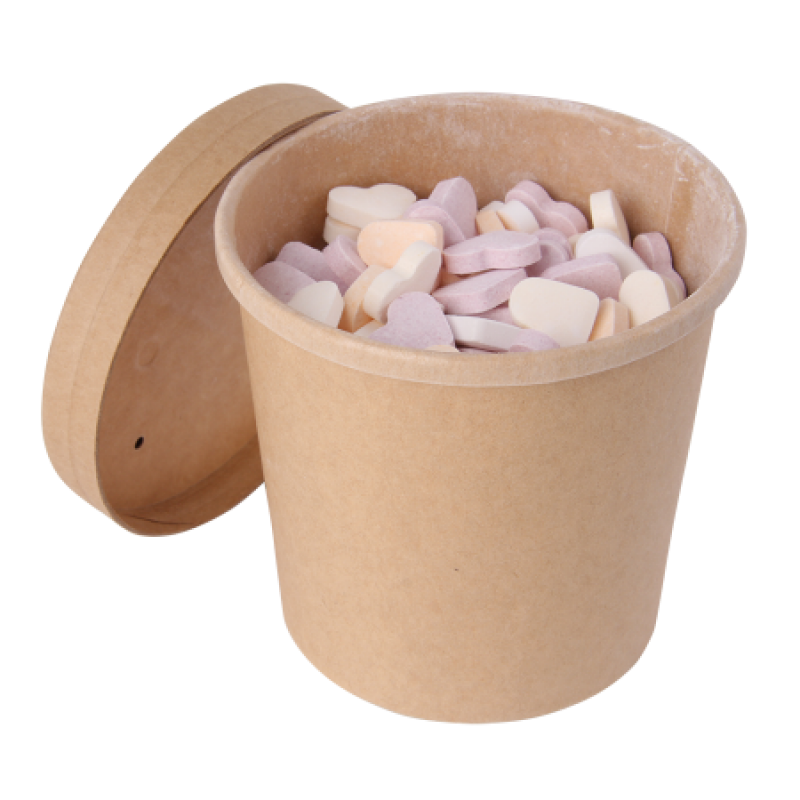 snoeppot-kraft-karton-met-deksel-360-ml-gevuld-met-ca-260-gr-dutchdex-hartjes-met-natuurlijke-smaak-en-kleurstoffen Μια χαρτοπετσέτα γεμάτη κουφέτα και marshmallows με Cardboard Candy Jar.