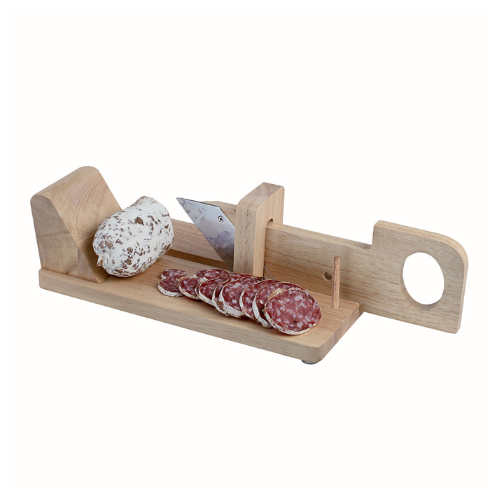 Screenshot_163 Ένα ξύλινο κοπτικό Saucisson guillotine με φέτες σαλάμι και ένα μα.